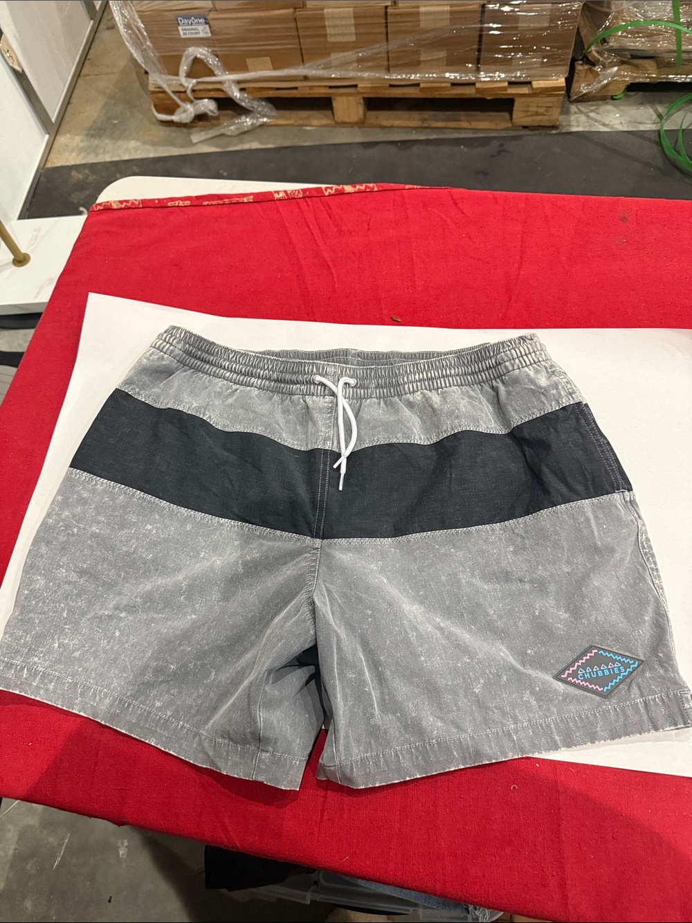 chubbies Light Gray Swim Board Shorts with Black Stripe